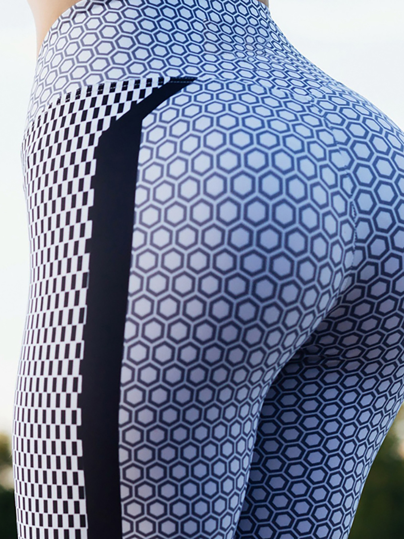 Womens High Waist Geometric Print Workout Leggings with Honeycomb Pattern